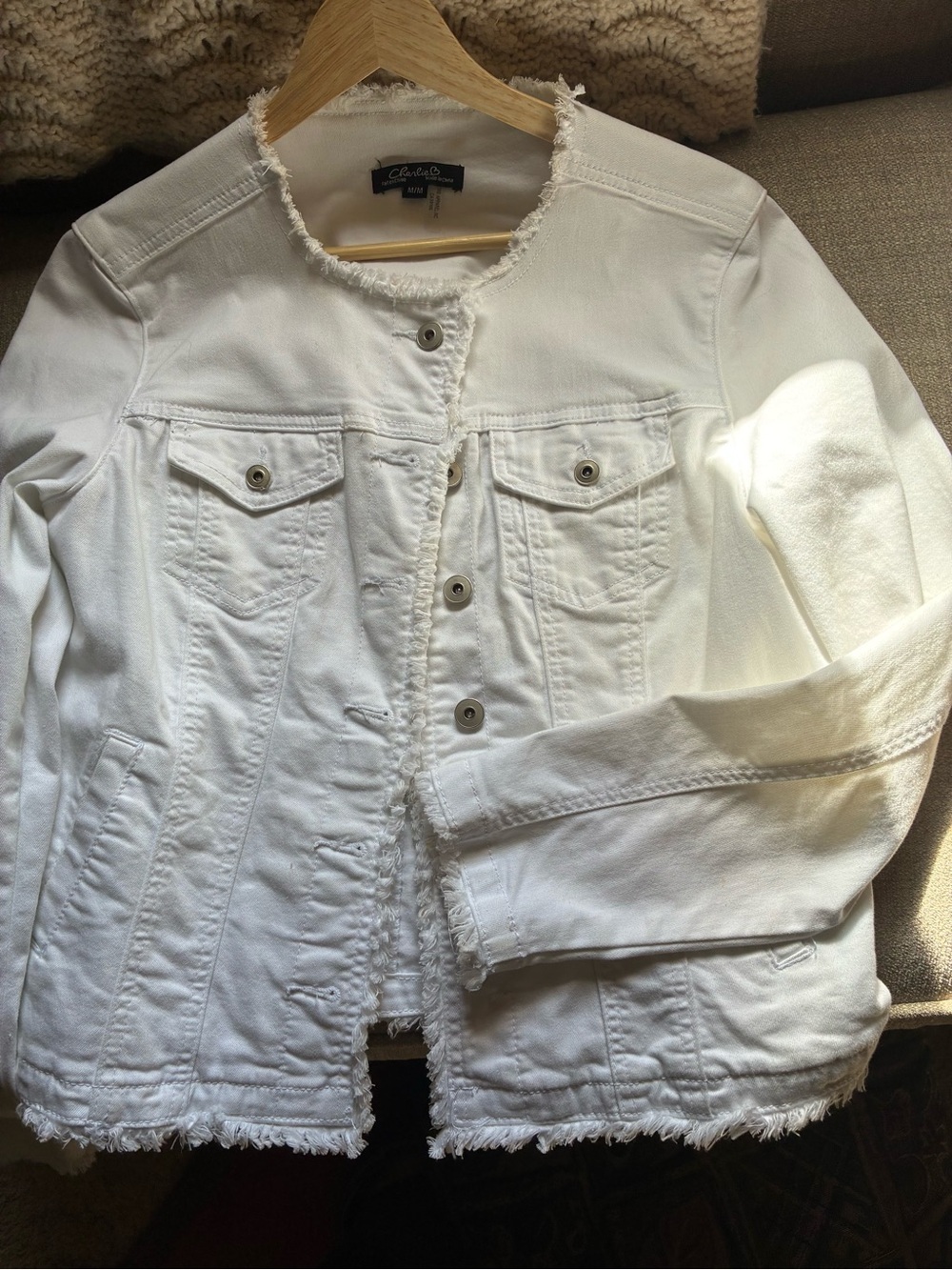 CHARLIE B White Frayed-Trim Denim Jacket